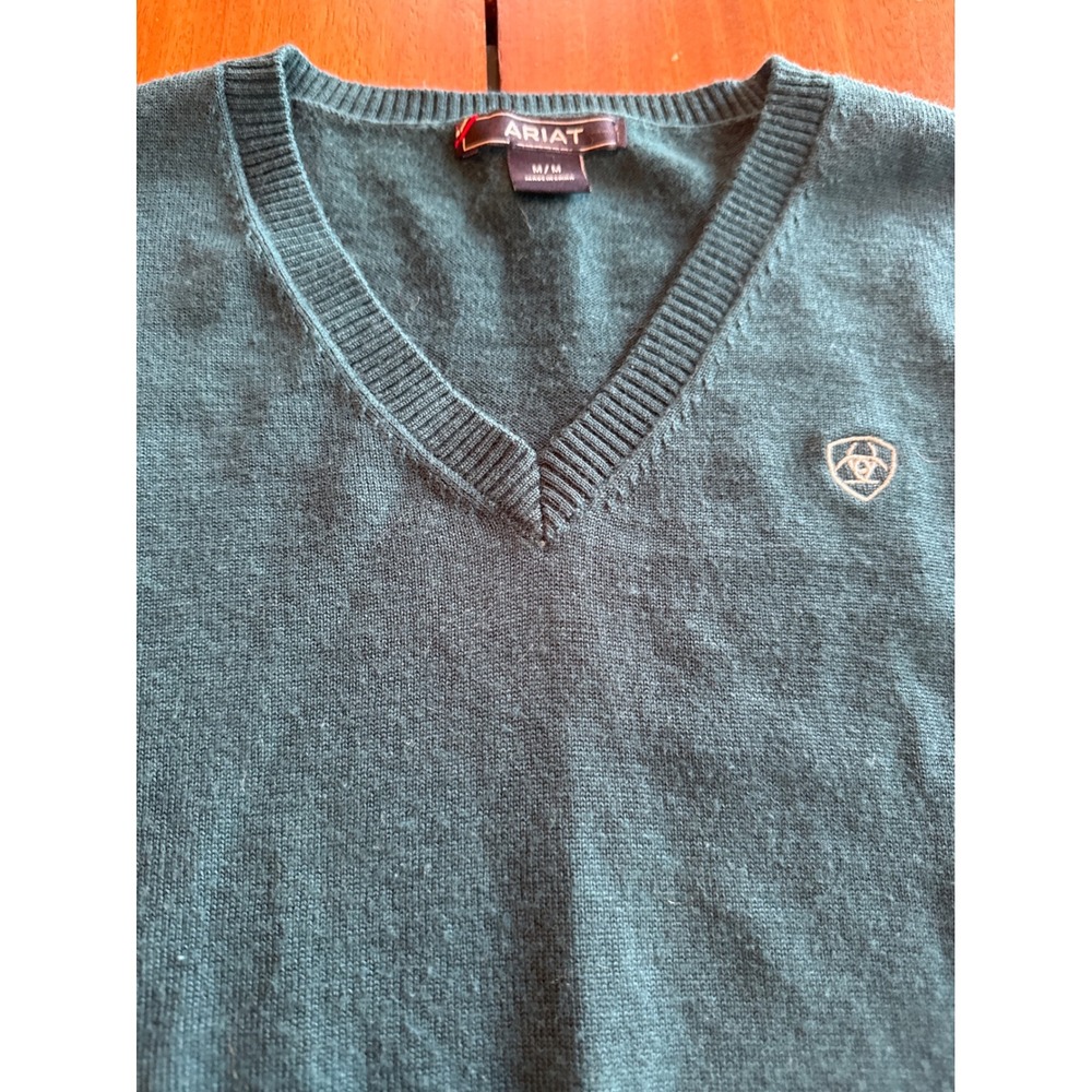 Ariat Mens Forest Green V-Neck Long Sleeve Sweater Shield Logo Size M